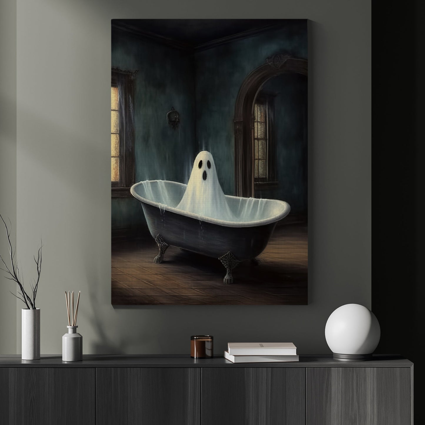 The Spooky Ghost in Bathtub Halloween Canvas Painting, Wall Art Decor - Dark Academia Ghost Halloween Poster Gift