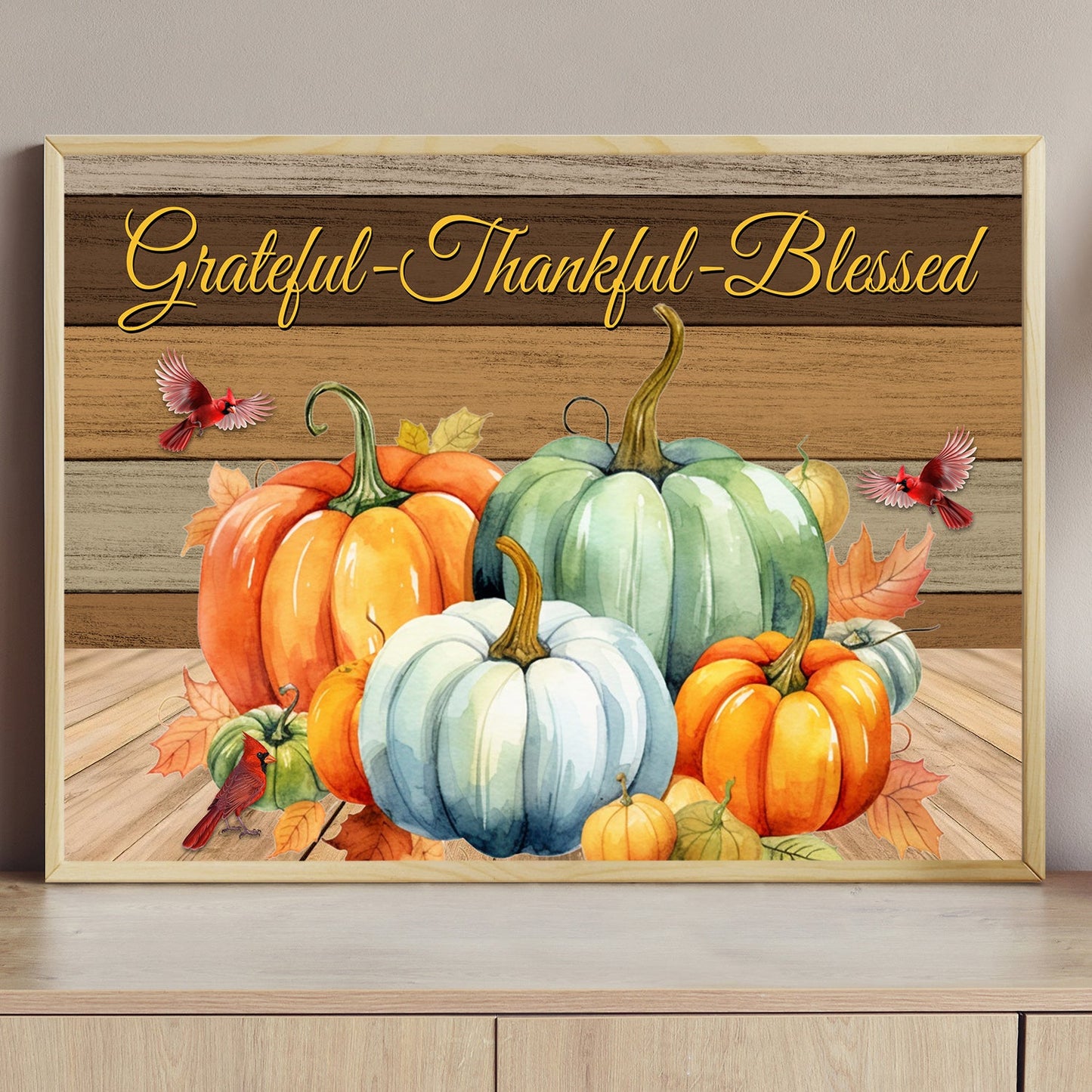 Grateful Thankful Blessed Pumpkins Thanksgiving Canvas Painting, Wall Art Decor - Thanksgiving Poster Gift