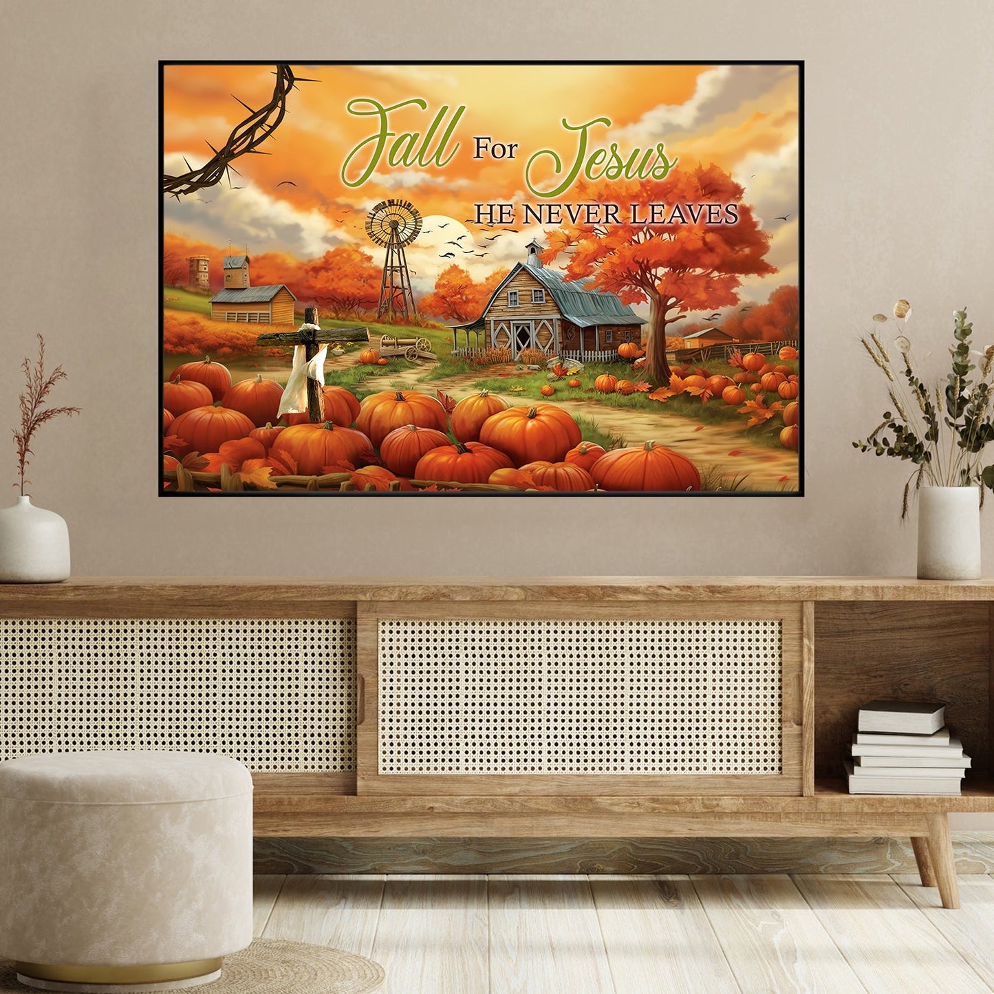 Fall For Jesus Farm Country Road Full Of Pumpkins Thanksgiving Canvas Painting, Wall Art Decor - Thanksgiving Poster Gift