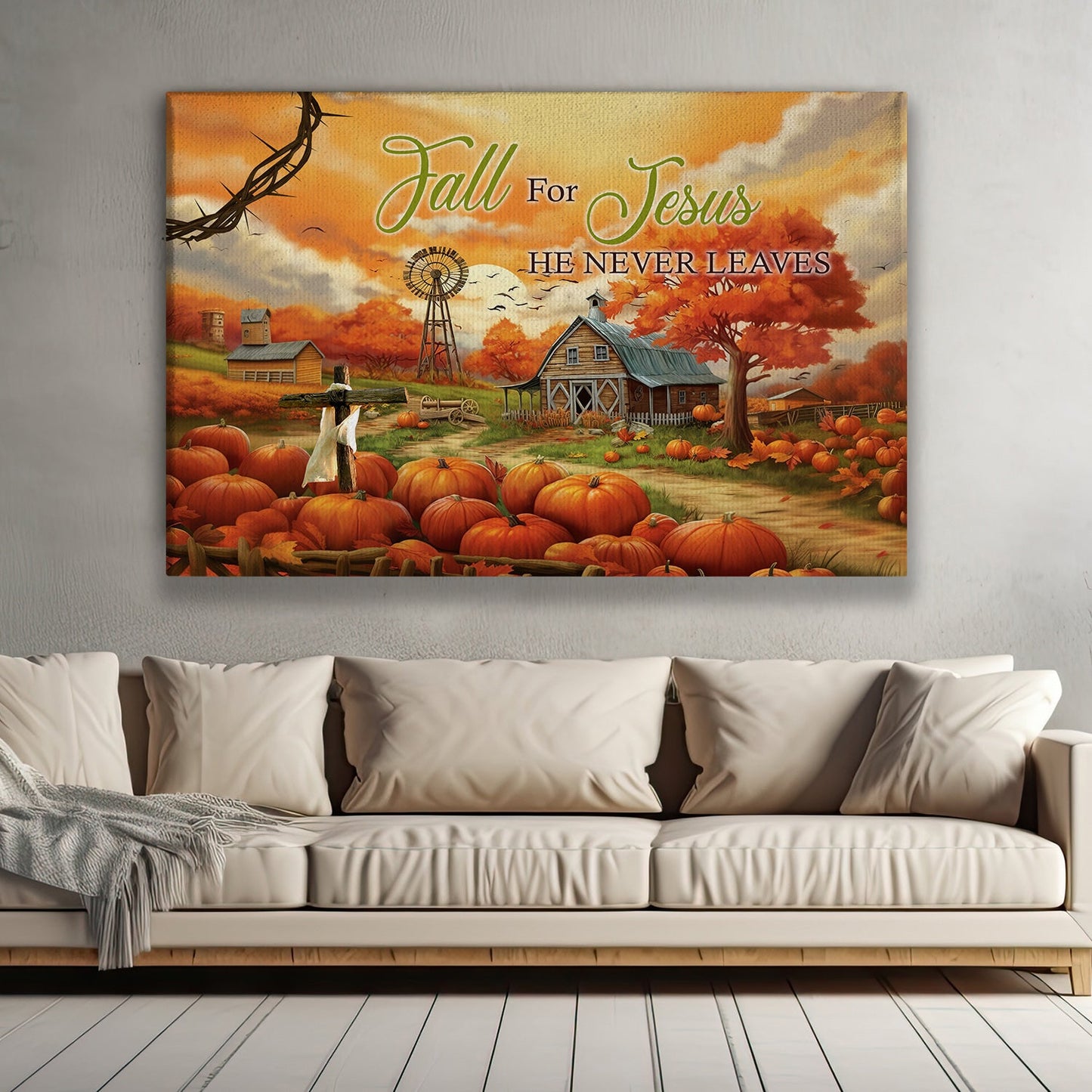 Fall For Jesus Farm Country Road Full Of Pumpkins Thanksgiving Canvas Painting, Wall Art Decor - Thanksgiving Poster Gift