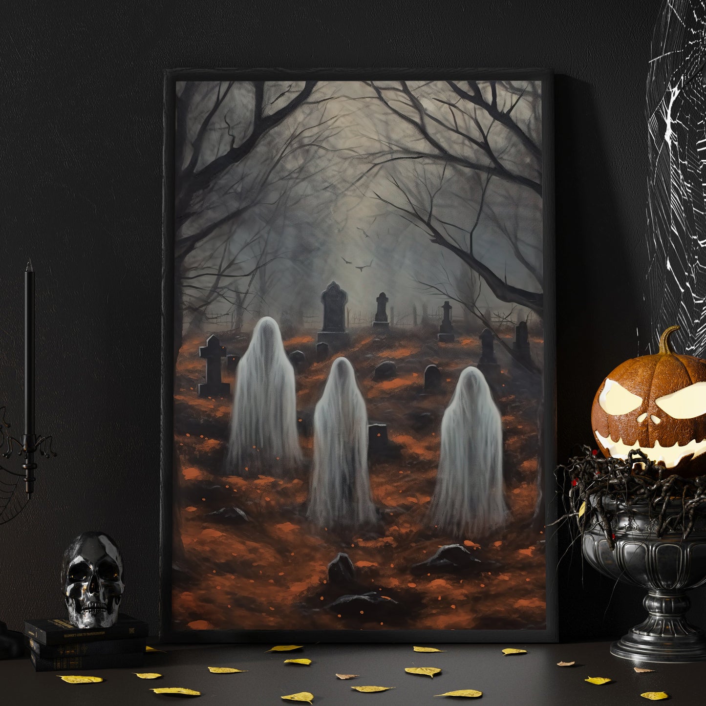 The Spooky Ghosts in Cemetery Dark Halloween Canvas Painting, Wall Art Decor - Dark Surreal Ghost Halloween Poster Gift