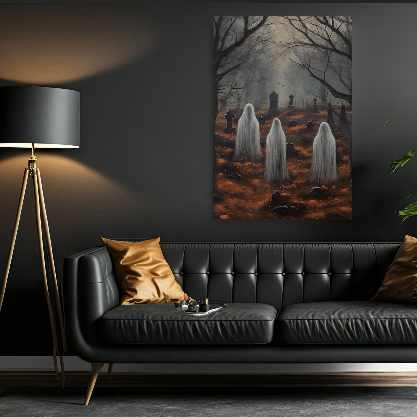 The Spooky Ghosts in Cemetery Dark Halloween Canvas Painting, Wall Art Decor - Dark Surreal Ghost Halloween Poster Gift