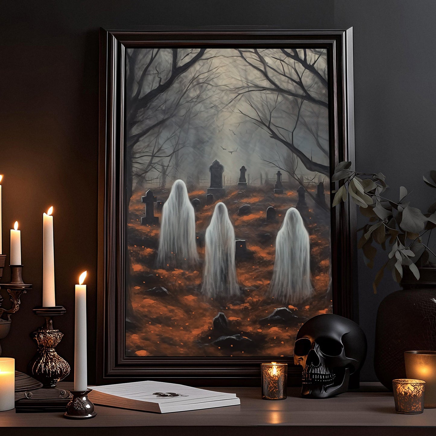 The Spooky Ghosts in Cemetery Dark Halloween Canvas Painting, Wall Art Decor - Dark Surreal Ghost Halloween Poster Gift