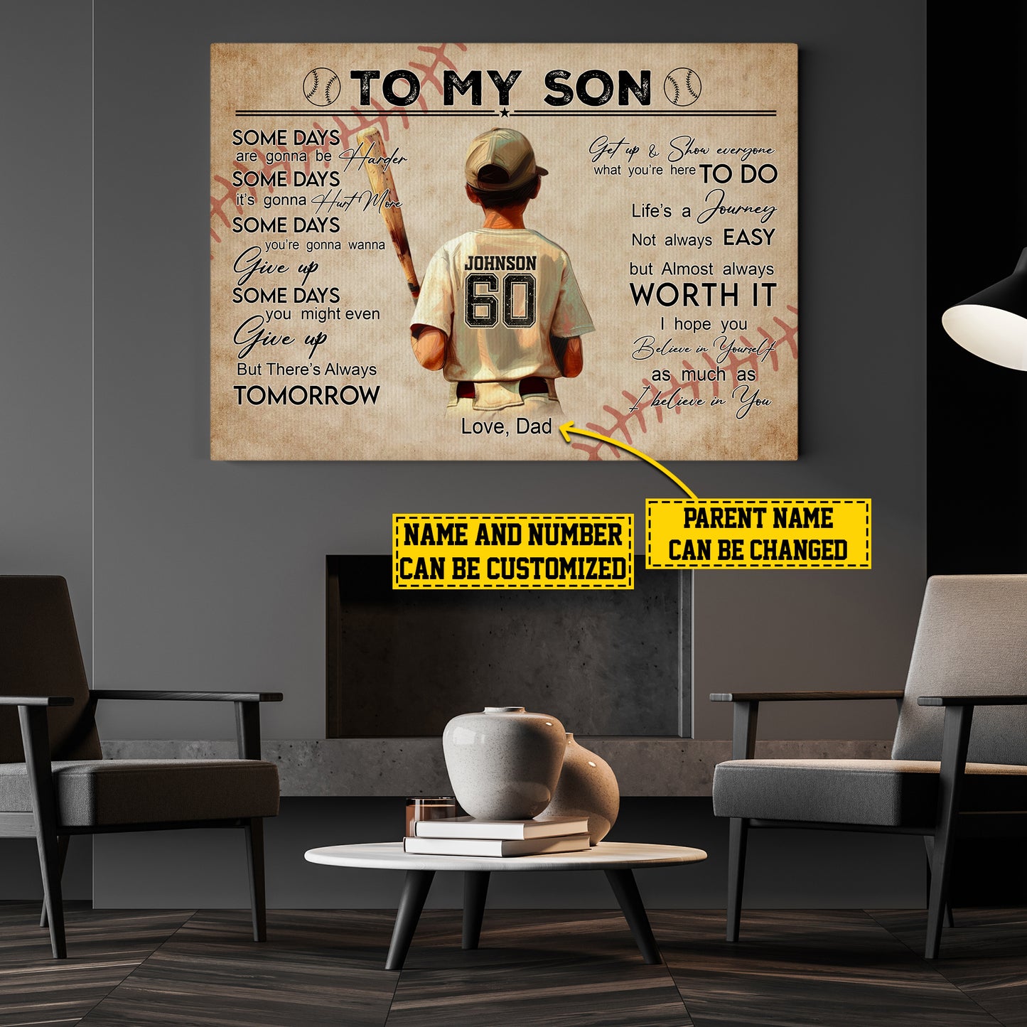 To My Son Believe In Yourself, Personalized Baseball Boy Canvas Painting, Inspirational Quotes Wall Art Decor, Poster Gift For Kids Baseball Lovers, Gift For Son From Mom,Dad