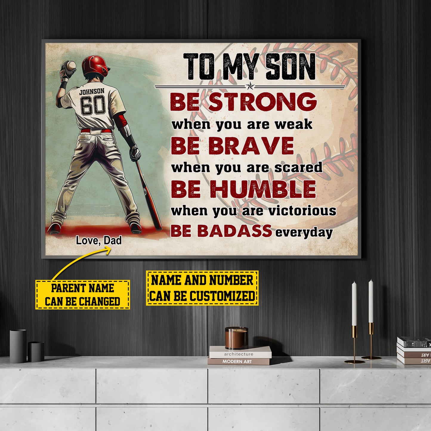 To My Son Be Strong Brave Humble Badass, Personalized Baseball Boy Canvas Painting, Inspirational Quotes Wall Art Decor, Poster Gift For Kids Baseball Lovers, Gift For Son From Mom,Dad