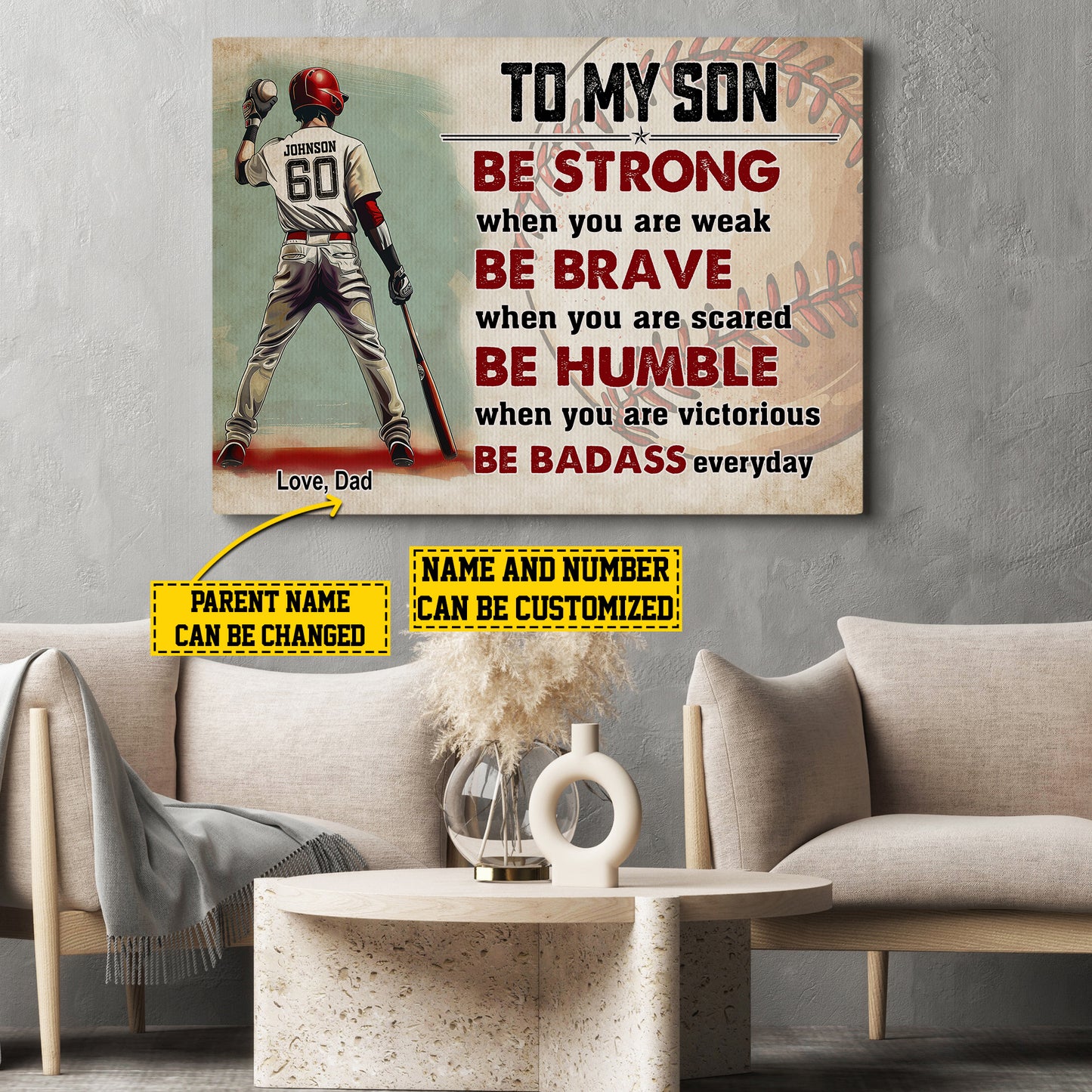 To My Son Be Strong Brave Humble Badass, Personalized Baseball Boy Canvas Painting, Inspirational Quotes Wall Art Decor, Poster Gift For Kids Baseball Lovers, Gift For Son From Mom,Dad