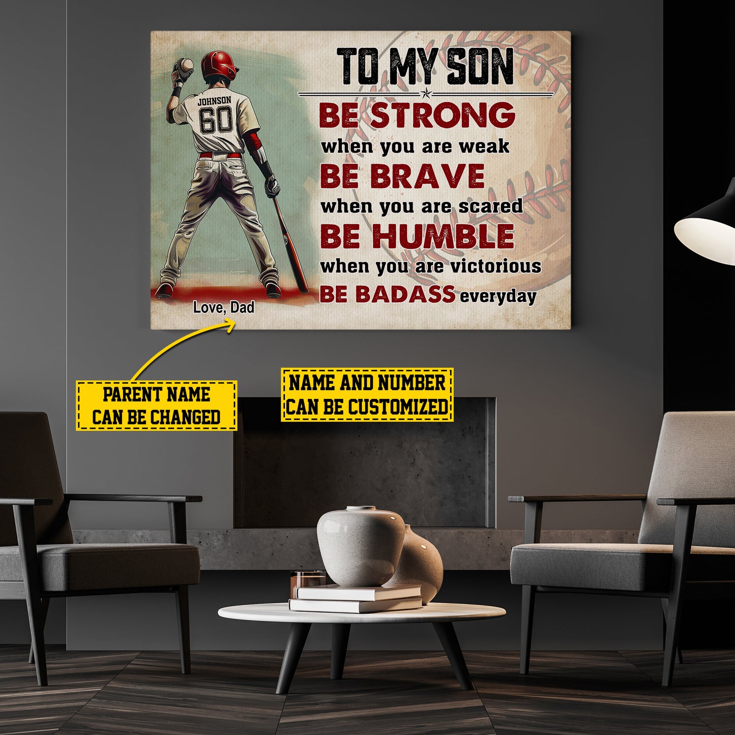 To My Son Be Strong Brave Humble Badass, Personalized Baseball Boy Canvas Painting, Inspirational Quotes Wall Art Decor, Poster Gift For Kids Baseball Lovers, Gift For Son From Mom,Dad