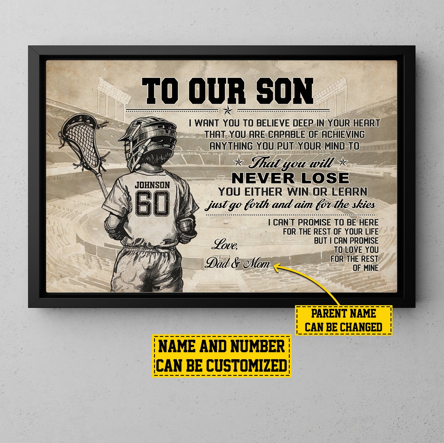 To Our Son Believe Deep In Your Heart, Personalized Motivational Lacrosse Boy Canvas Painting, Inspirational Quotes Wall Art Decor, Poster Gift For Kids Lacrosse Lovers, Gift For Son From Mom,Dad