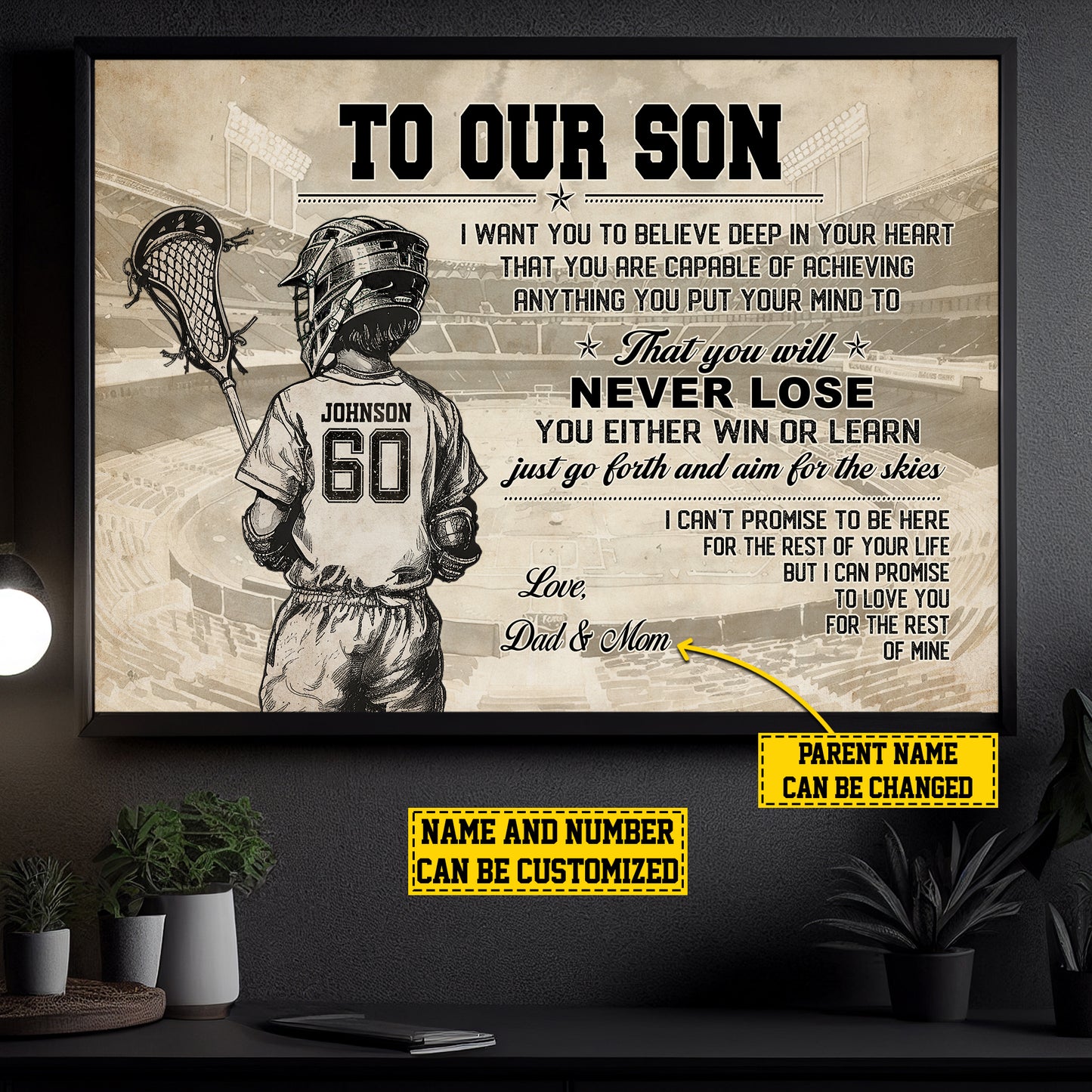 To Our Son Believe Deep In Your Heart, Personalized Motivational Lacrosse Boy Canvas Painting, Inspirational Quotes Wall Art Decor, Poster Gift For Kids Lacrosse Lovers, Gift For Son From Mom,Dad