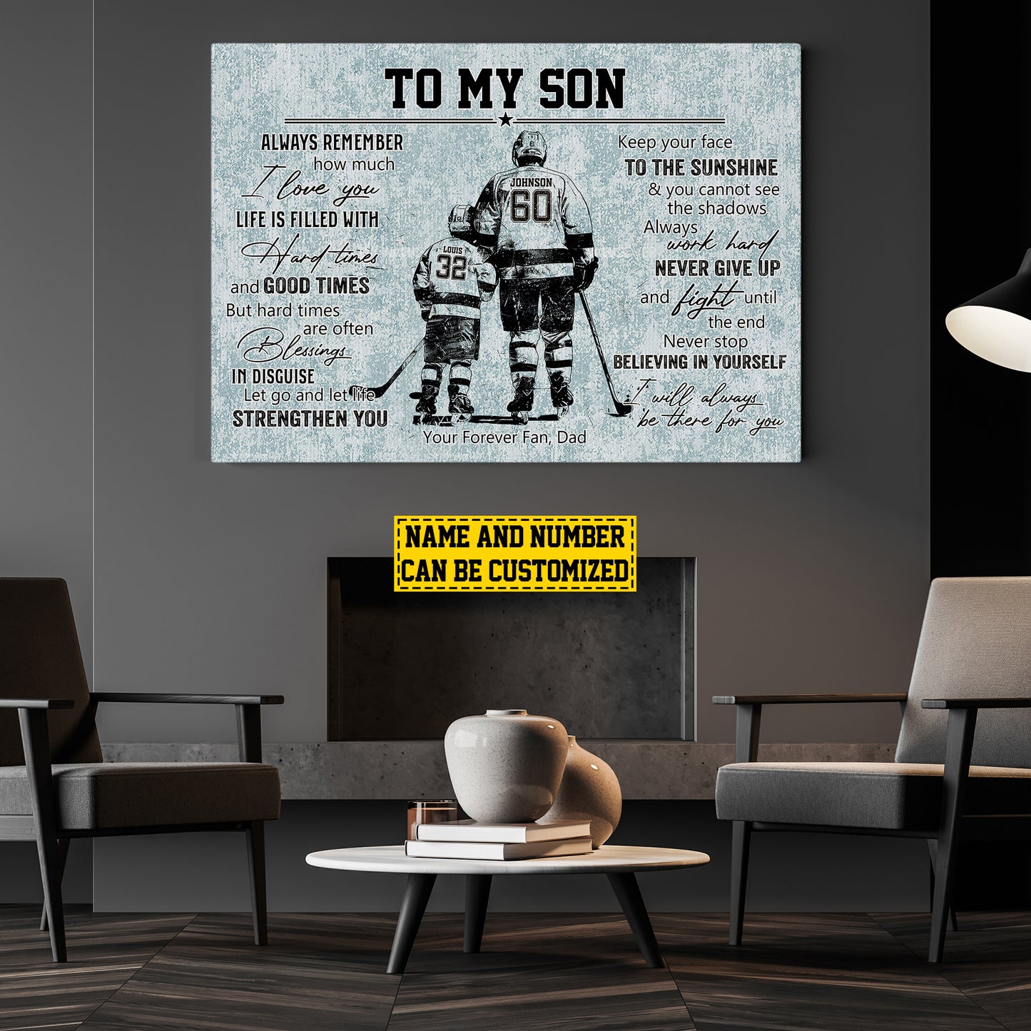 To My Son I Love You, Personalized Hockey Canvas Painting, Sports Quotes Wall Art Decor, Poster Gift For Hockey Lovers, Gift For Son From Dad