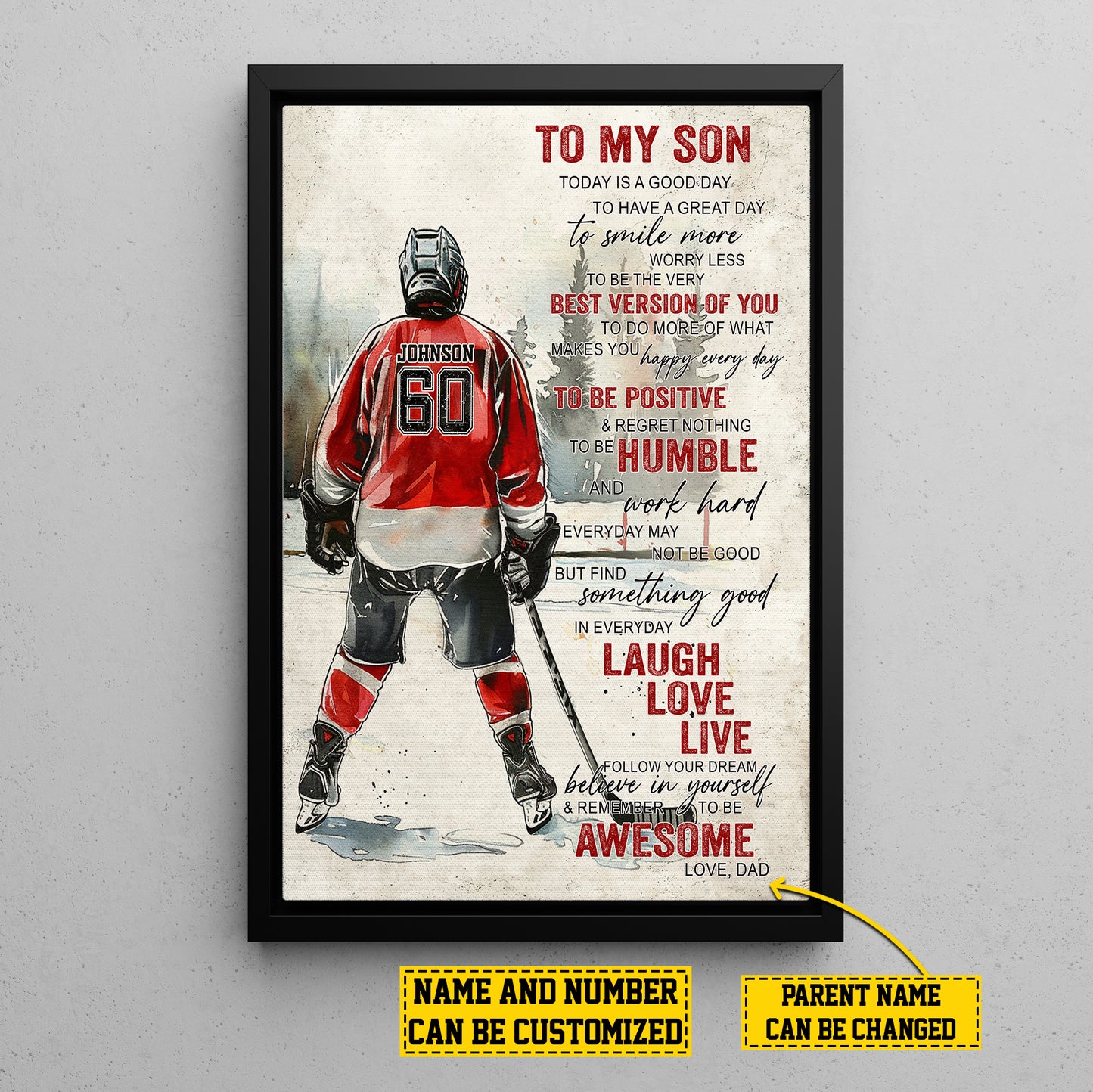 Personalized Hockey Boy Canvas Painting, To My Son Laugh Love Live, Sports Quotes Wall Art Decor, Poster Gift For Hockey Lovers, Gift For Son From Dad