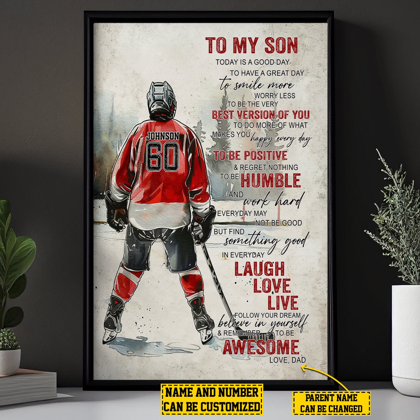 Personalized Hockey Boy Canvas Painting, To My Son Laugh Love Live, Sports Quotes Wall Art Decor, Poster Gift For Hockey Lovers, Gift For Son From Dad