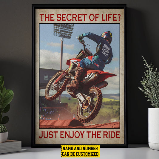 The Secret Of Life Just Enjoy The Ride, Personalized Motocross Boy Canvas Painting, Sports Quotes Wall Art Decor, Poster Gift For Motocross Lovers