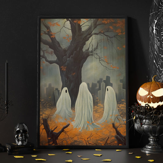 The Ghosts In Cemetery Halloween Canvas Painting, Wall Art Decor - Dark Surreal Ghost Halloween Poster Gift