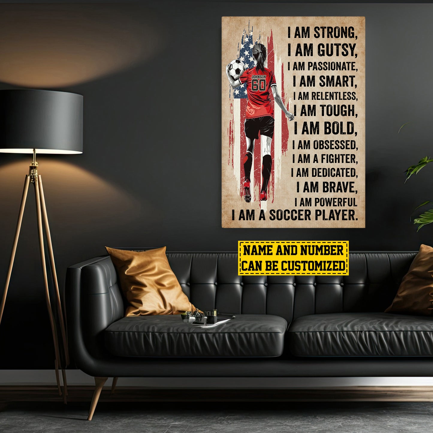 Personalized Soccer Girl Canvas Painting, I'm Strong Smart Powerful I'm A Soccer Player, Inspirational Quotes Wall Art Decor, Poster Gift For Soccer Lovers, Soccer Girl Players