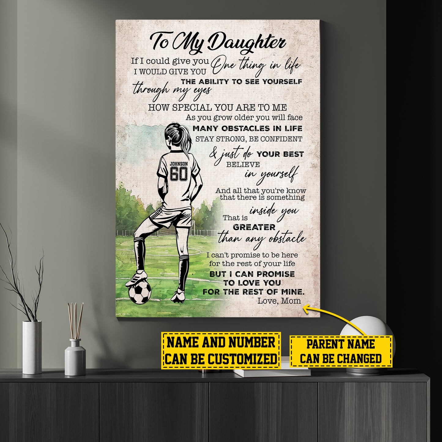 Personalized Soccer Girl Canvas Painting, To My Daughter, Inspirational Quotes Wall Art Decor, Poster Gift For Soccer Lovers, Gift For Daughter From Mom,Dad