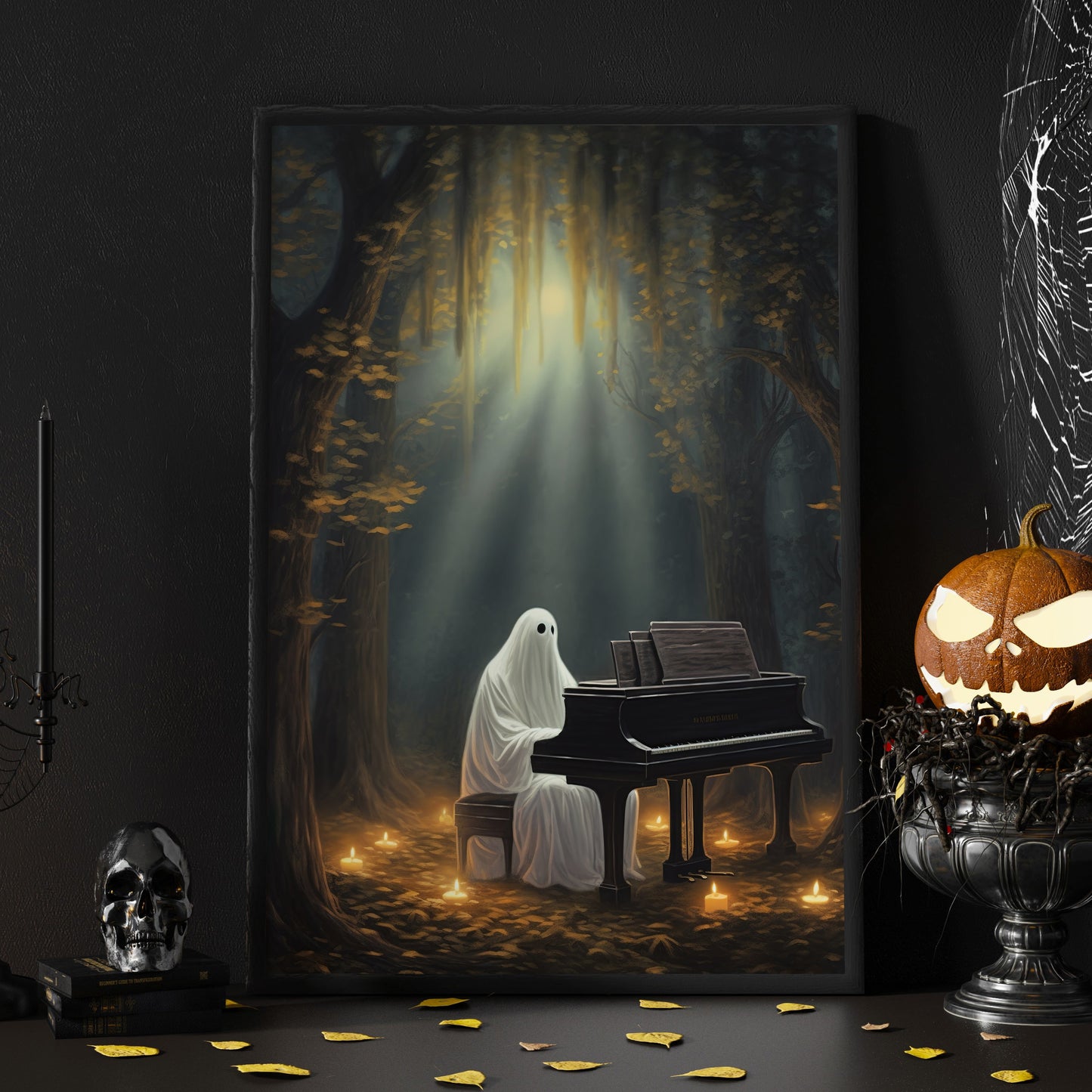 The Ghosts Playing Piano Halloween Canvas Painting, Wall Art Decor - Dark Ghost Halloween Poster Gift