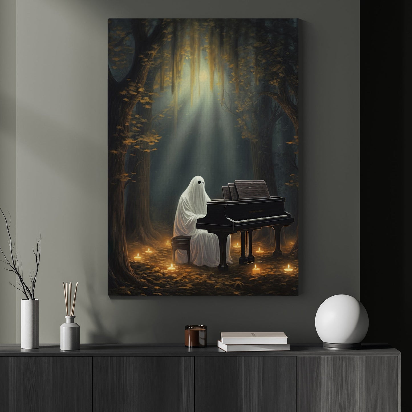 The Ghosts Playing Piano Halloween Canvas Painting, Wall Art Decor - Dark Ghost Halloween Poster Gift