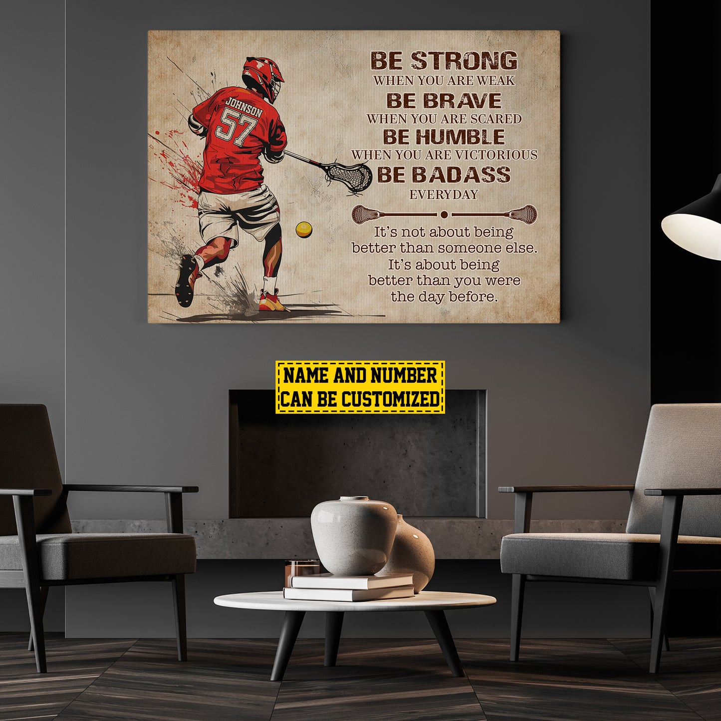 Personalized Motivational Lacrosse Boy Canvas Painting, Be Strong Brave Humble Badass, Sports Quotes Wall Art Decor, Poster Gift For Lacrosse Lovers, Lacrosse Boys