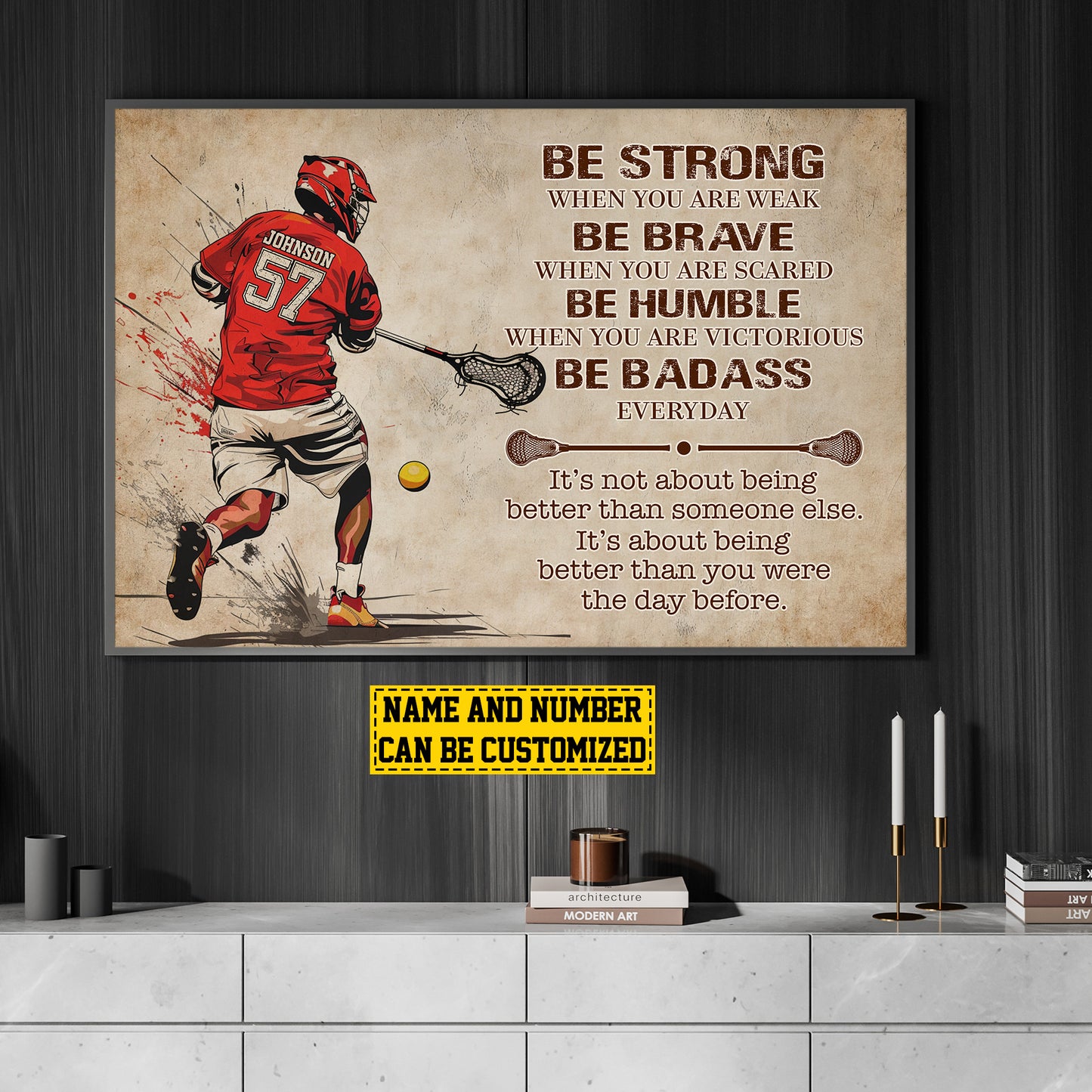 Personalized Motivational Lacrosse Boy Canvas Painting, Be Strong Brave Humble Badass, Sports Quotes Wall Art Decor, Poster Gift For Lacrosse Lovers, Lacrosse Boys