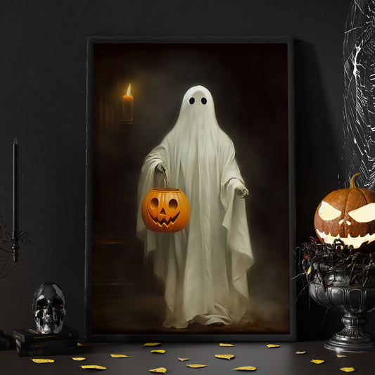 The Ghosts Hold The Pumpkin Dark Halloween Canvas Painting, Wall Art Decor - Vintage Ghost Halloween Poster Gift