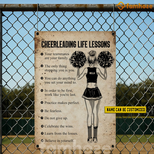 Funny Personalized Cheerleading Metal Sign, Cheerleading Life Lessons Sport Sign, Field Decor Gift For Cheerleaders