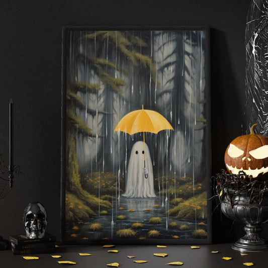 Baby Ghost In Forest Rain Halloween Canvas Painting, Wall Art Decor - Dark Ghost Halloween Poster Gift