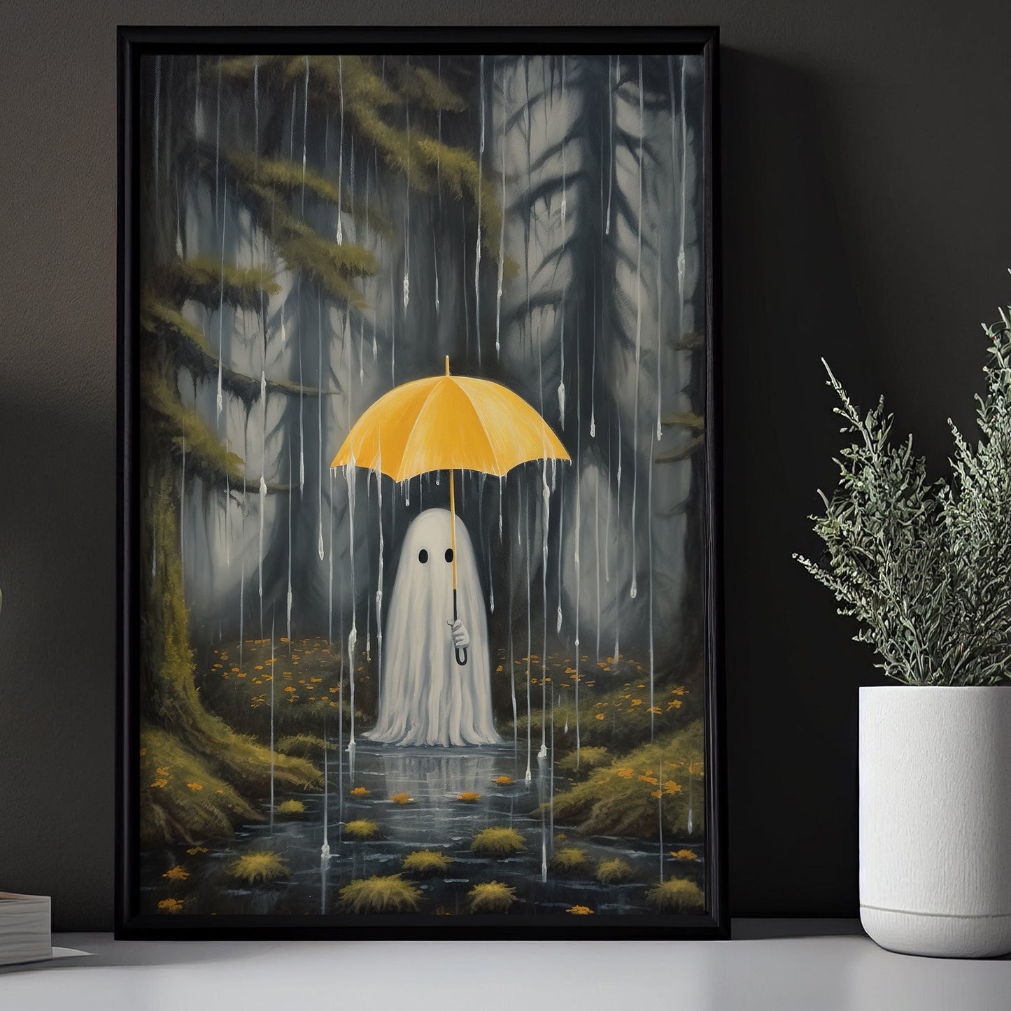 Baby Ghost In Forest Rain Halloween Canvas Painting, Wall Art Decor - Dark Ghost Halloween Poster Gift