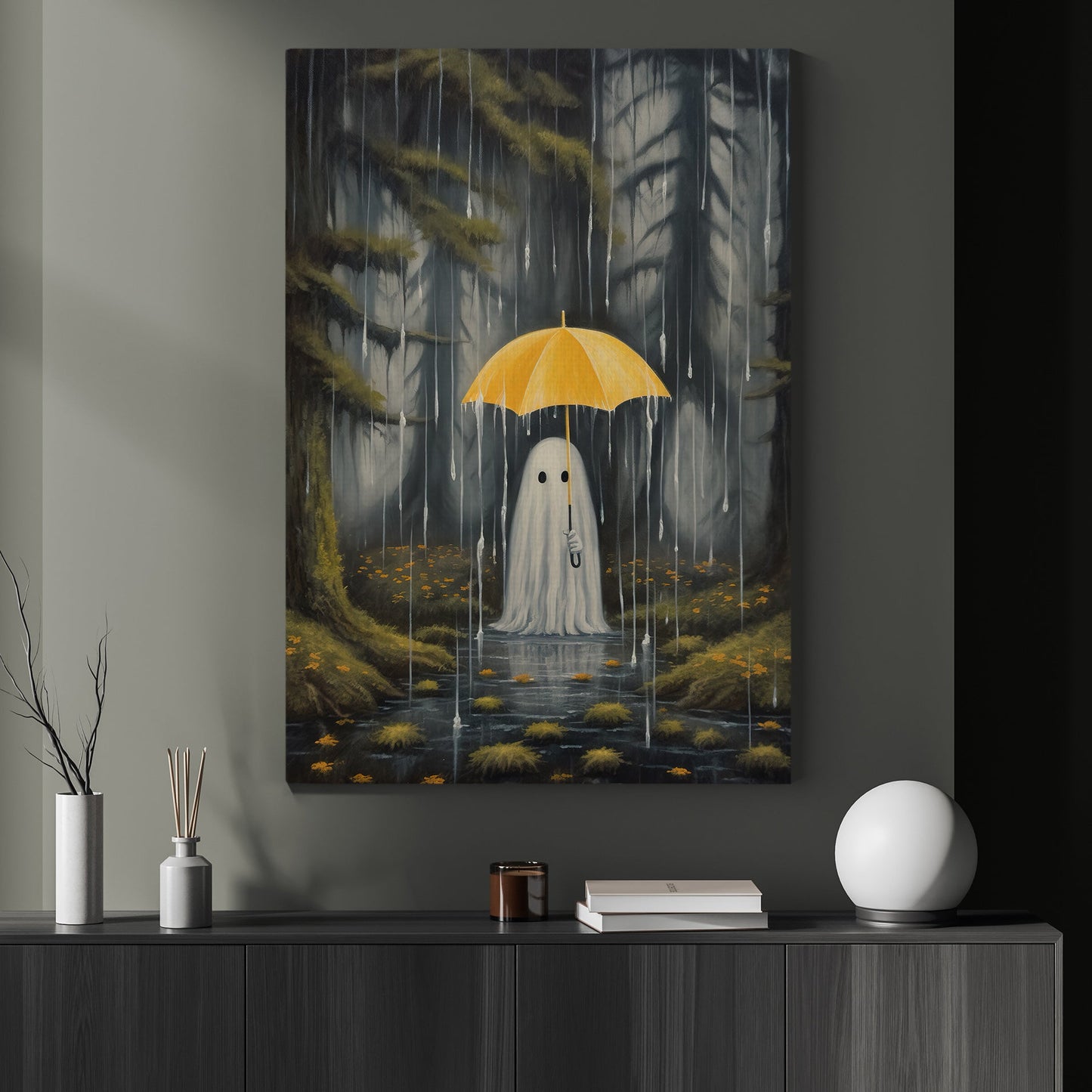 Baby Ghost In Forest Rain Halloween Canvas Painting, Wall Art Decor - Dark Ghost Halloween Poster Gift