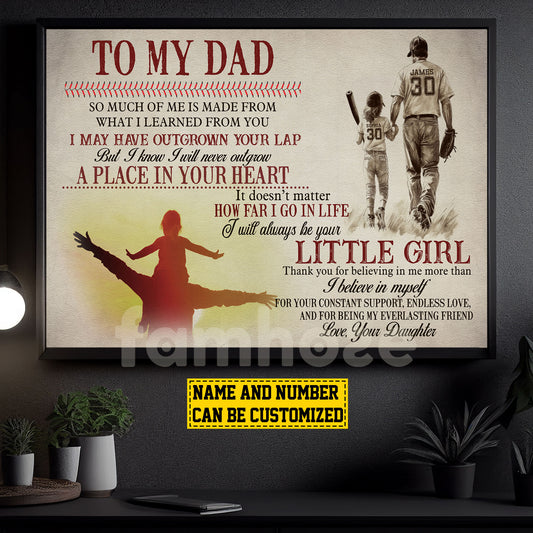 Personalized Softball Dad Girl Canvas Painting, To My Dad I Will Always Be Your Little Girl Sport Wall Art Decor, Poster Gift For Softball Lovers