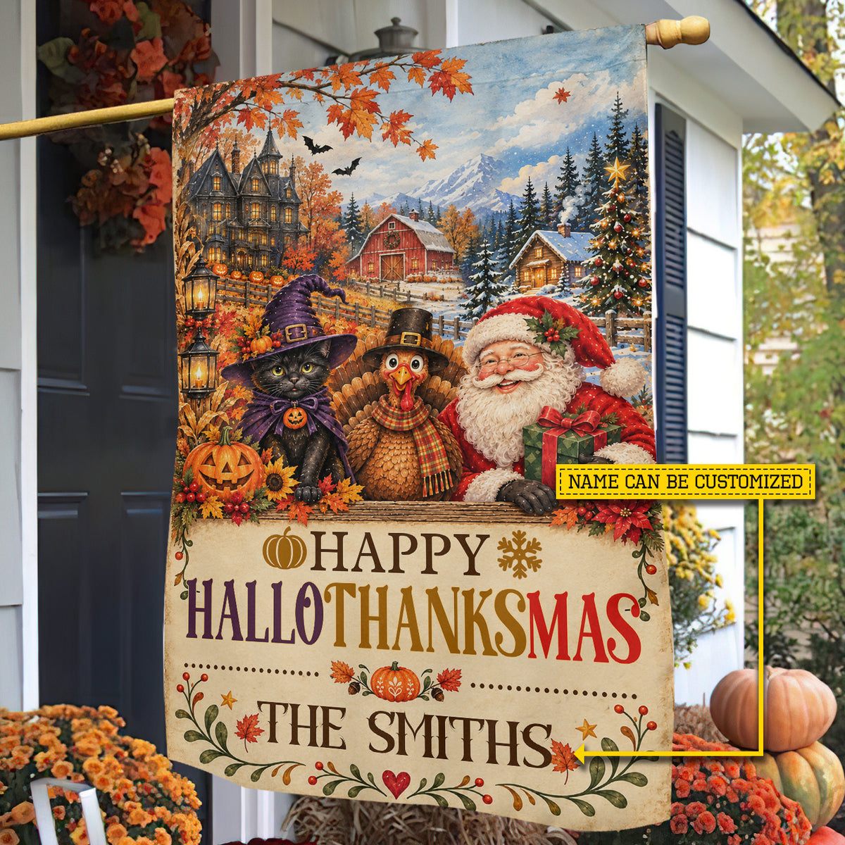 Personalized Halloween Thanksgiving Christmas Horse Garden & House Flag, Happy HalloThanksMas Yard Flag, 3 Seasons In 1 Flag Gift