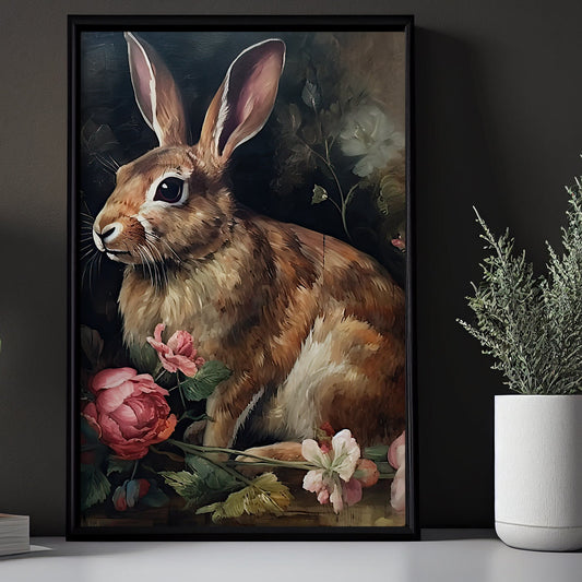 Vintage Rabbit And Flowers, Victorian Canvas Painting, Gothic Wall Art Decor - Botanical Poster Gift For Rabbit Lovers