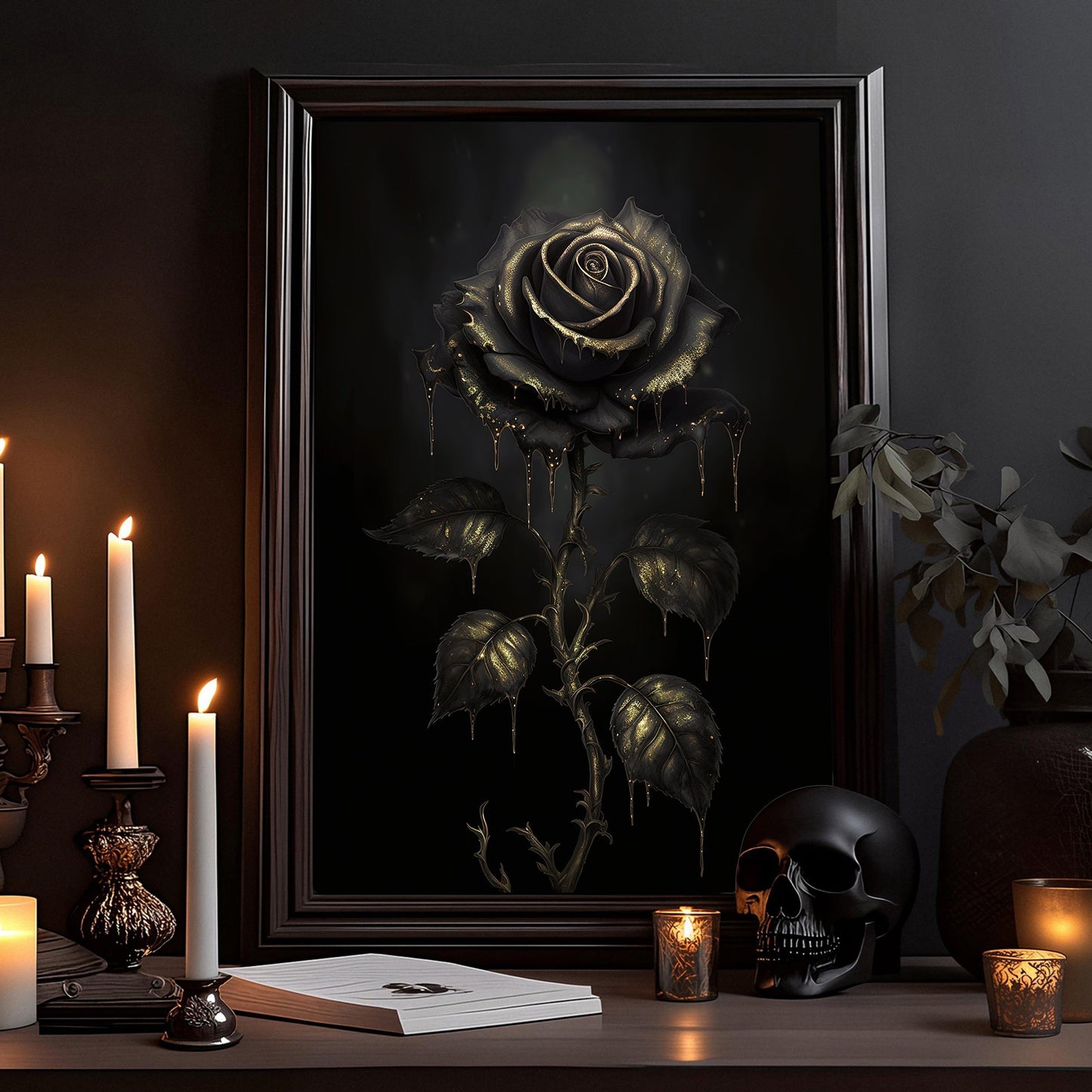 Undead Black Rose Flower, Dark Academia Canvas Painting, Wall Art Decor - Modern Poster Gift