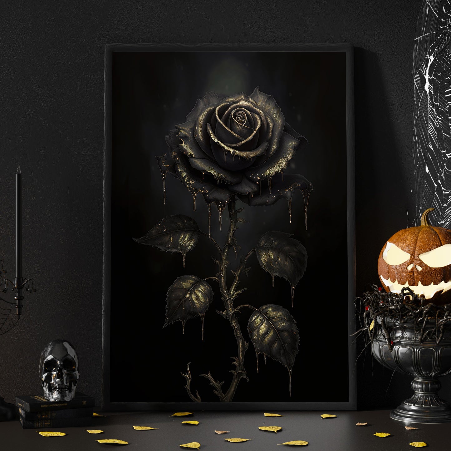 Undead Black Rose Flower, Dark Academia Canvas Painting, Wall Art Decor - Modern Poster Gift