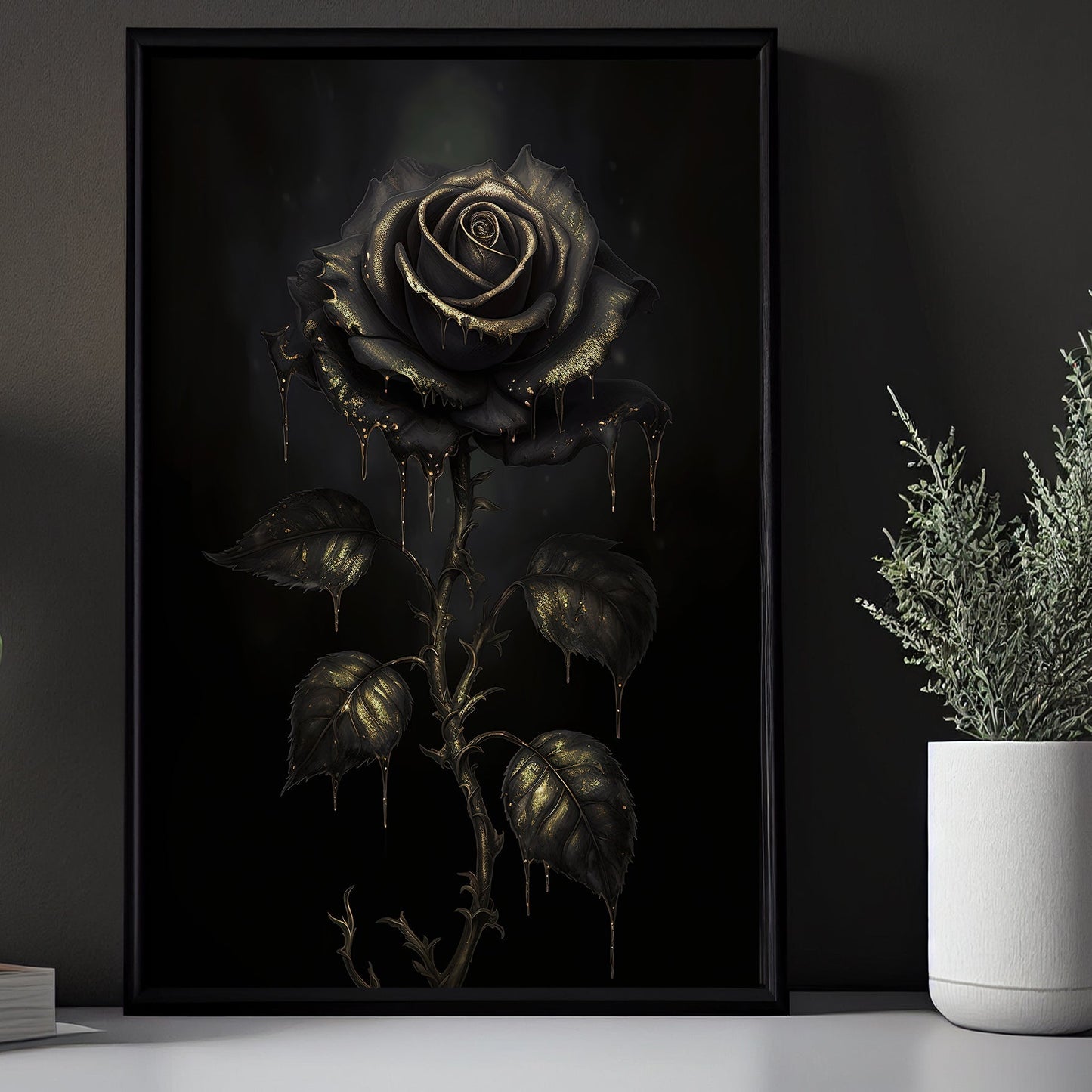 Undead Black Rose Flower, Dark Academia Canvas Painting, Wall Art Decor - Modern Poster Gift