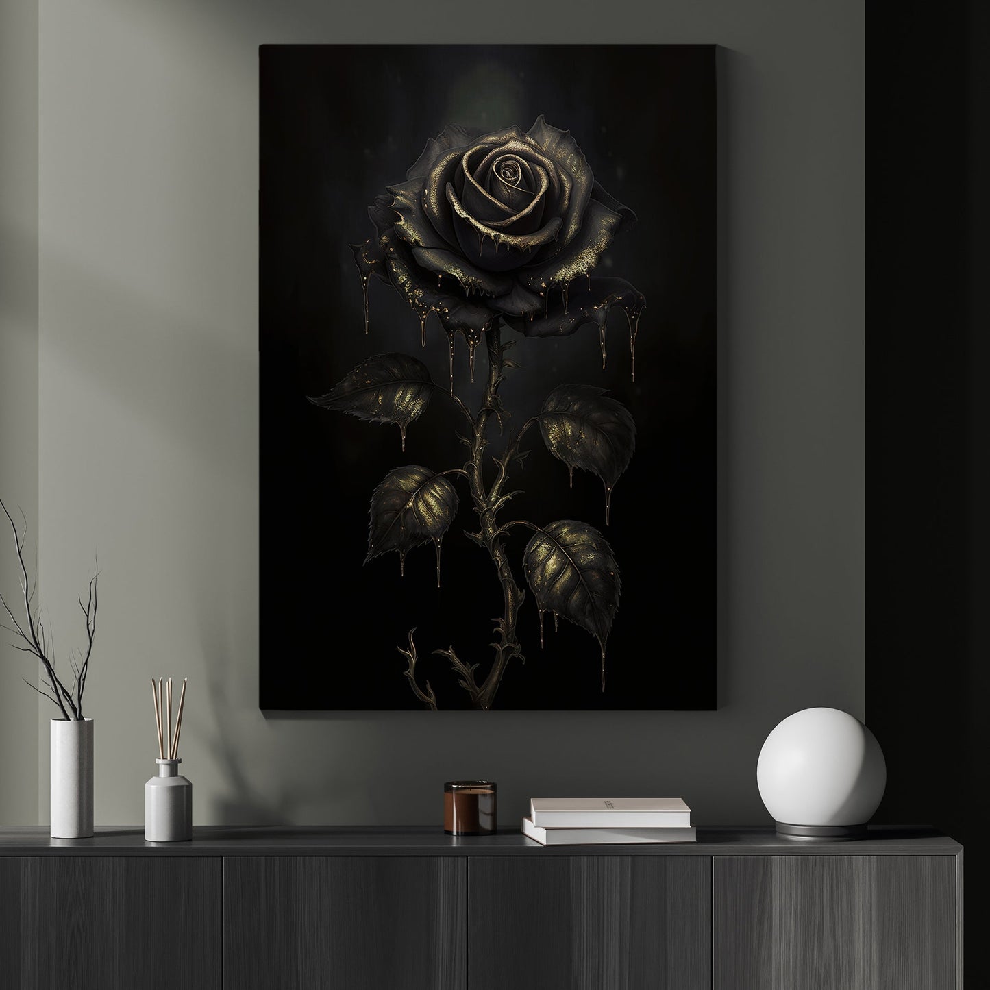 Undead Black Rose Flower, Dark Academia Canvas Painting, Wall Art Decor - Modern Poster Gift