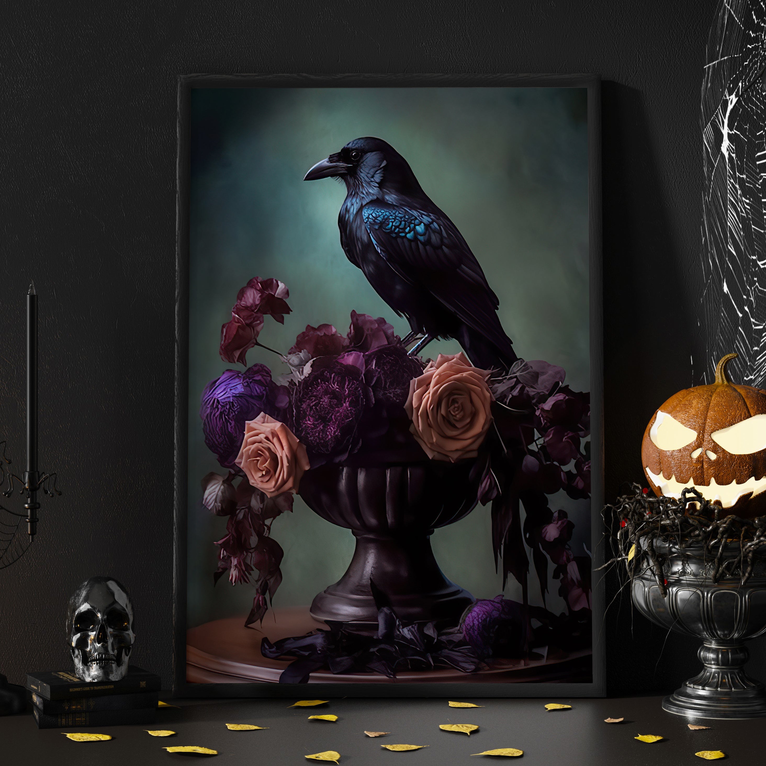 Black Raven and Moody Flowers, Gothic Canvas Painting, Vintage