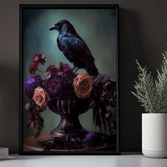 Black Raven and Moody Flowers, Gothic Canvas Painting, Vintage Wall Art Decor - Botanical Floral Poster Gift