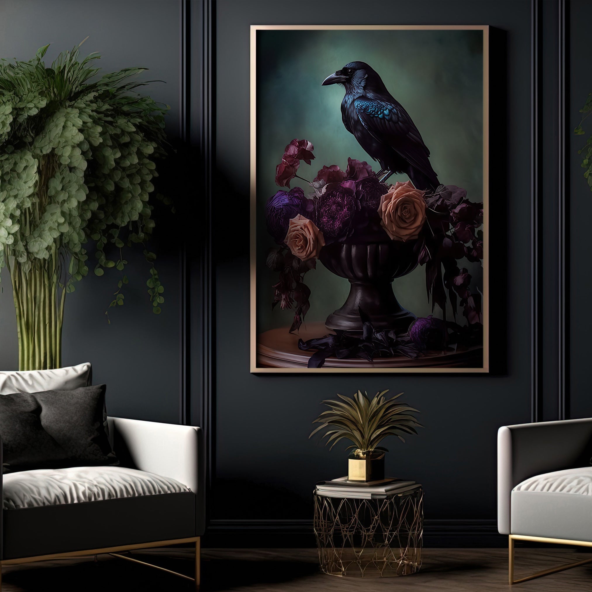 Black Raven and Moody Flowers, Gothic Canvas Painting, Vintage