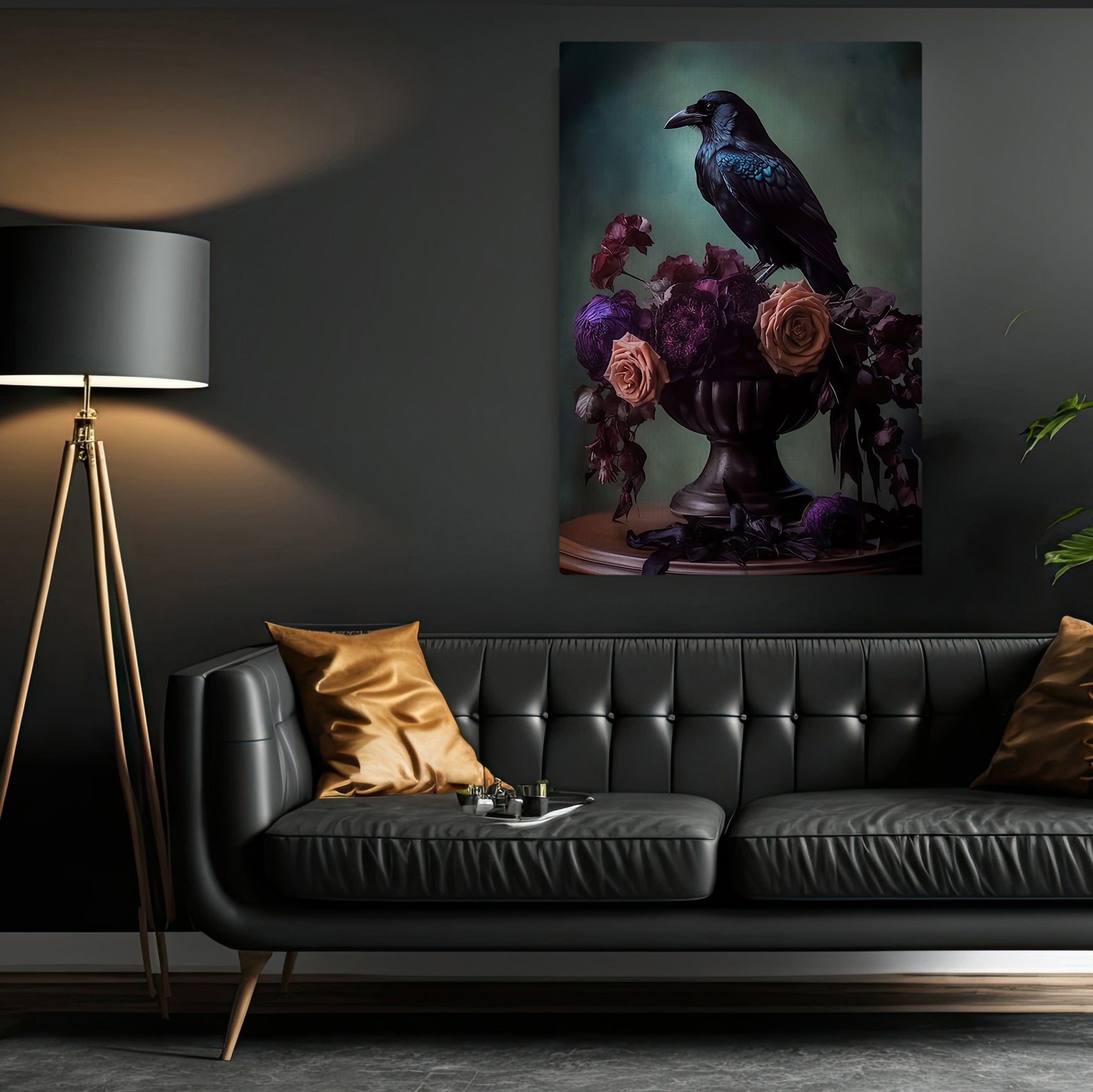 Black Raven and Moody Flowers, Gothic Canvas Painting, Vintage