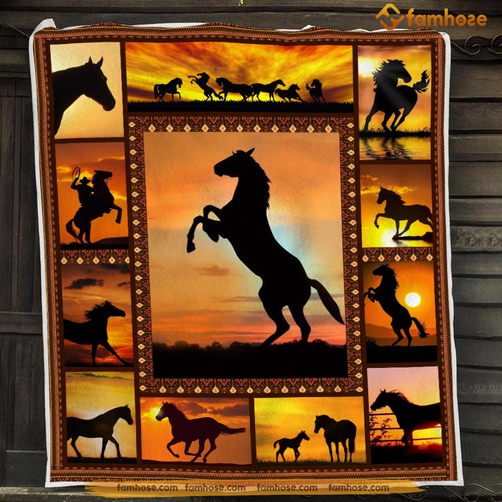 Rodeo Blanket, Strong Horse Sunset Riding Fleece Blanket - Sherpa Blanket Gift For Rodeo Lover