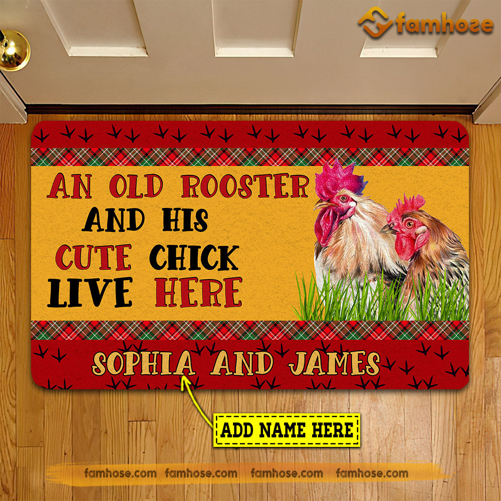 Personalized Chicken Doormat, An Old Rooster Cute Chick Live Here Gift For Chicken Lovers, New Home Gift, Housewarming Gift, Chicken Decor