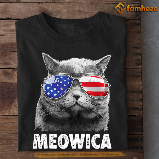 July 4th Cat T-shirt, Meowica With Glasses USA Flag, Independence Day Gift For Cat Lovers, Cat Owners, Cat Tees