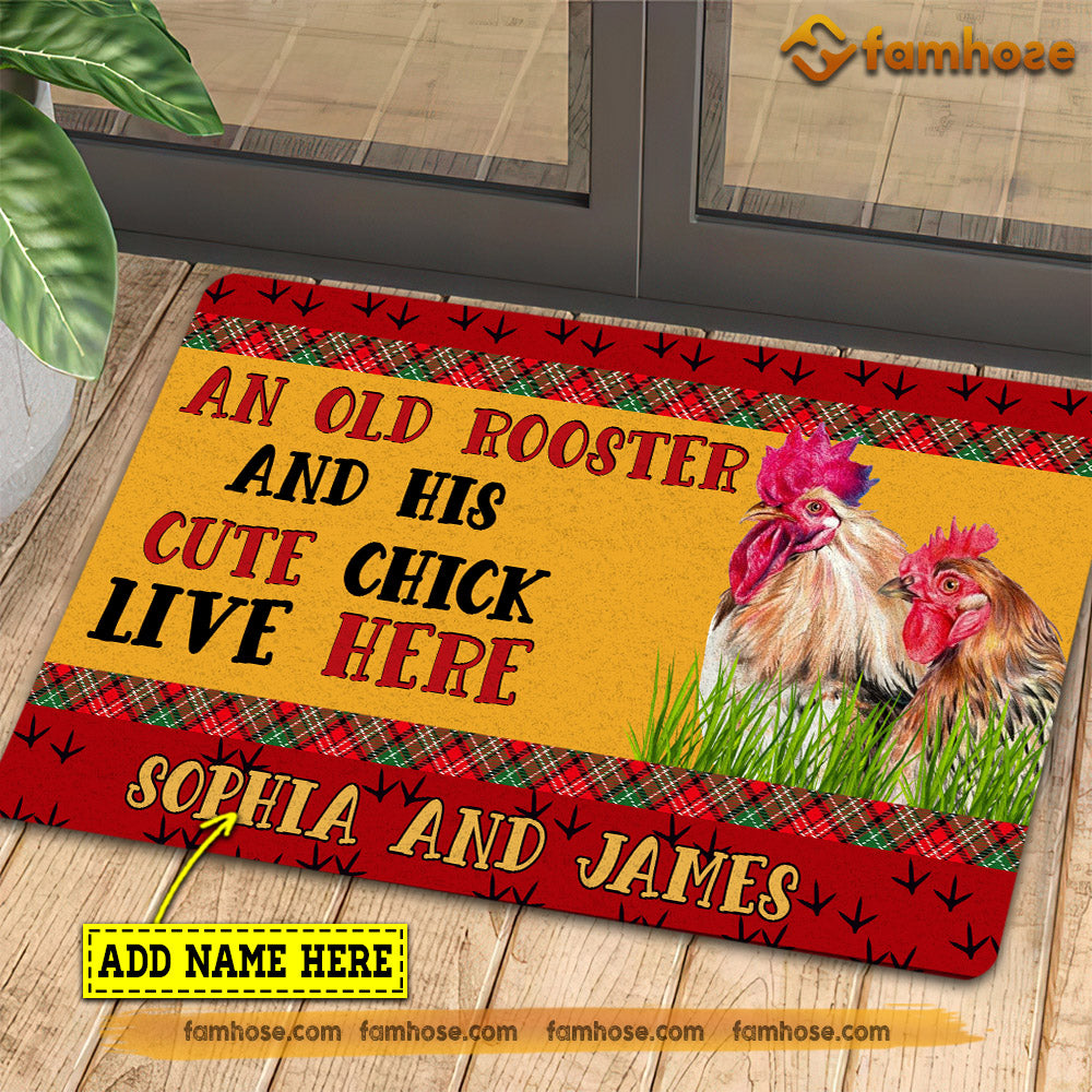 Personalized Chicken Doormat, An Old Rooster Cute Chick Live Here Gift For Chicken Lovers, New Home Gift, Housewarming Gift, Chicken Decor