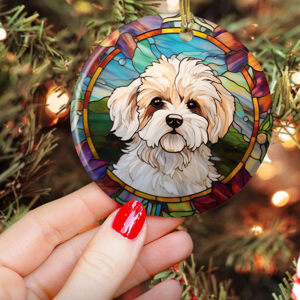 Stained Glass Puppy, Cute Bichon Frise Dog Circle Ceramic Ornament Christmas Gift For Bichon FriseLovers