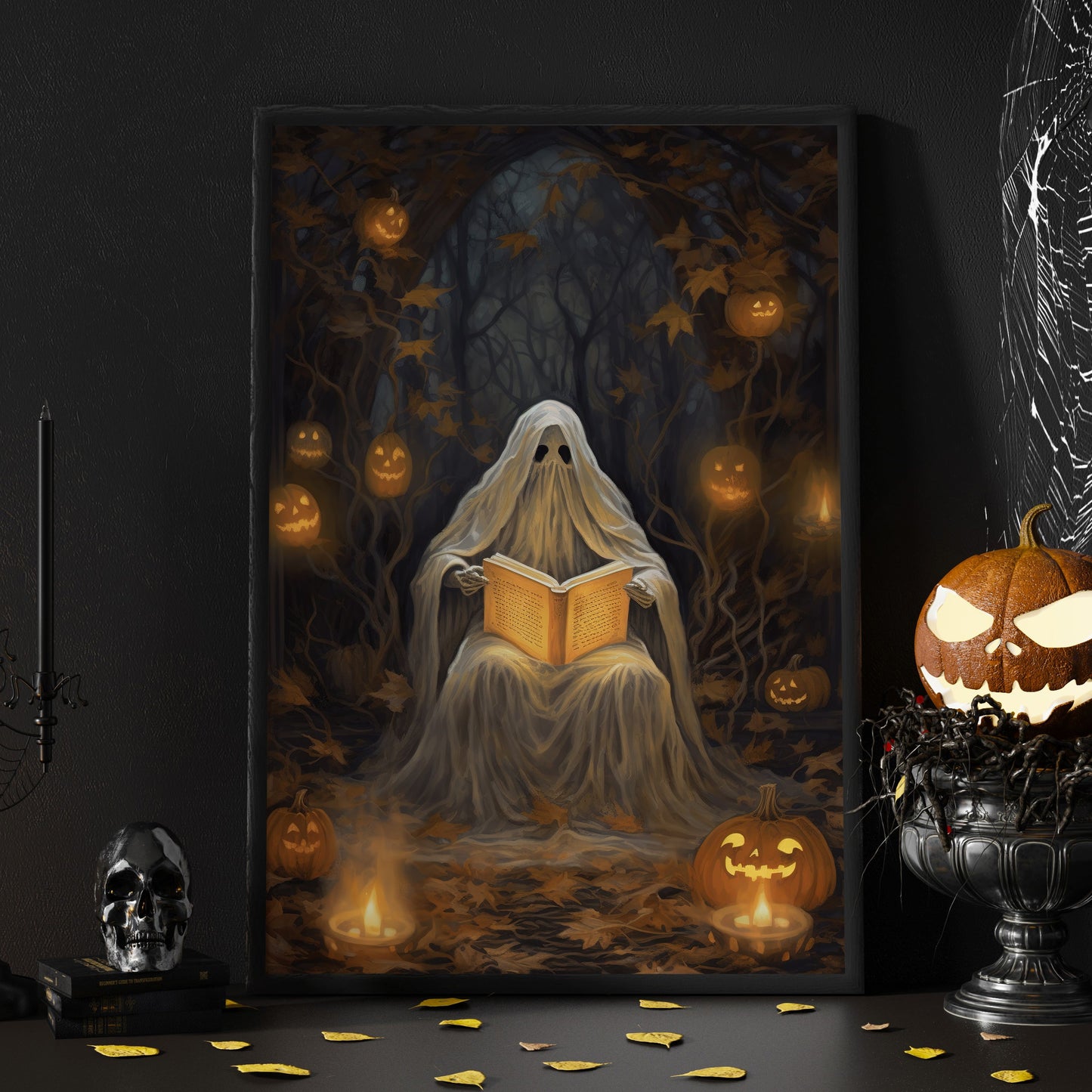 Spooky Ghost Read Spells Vintage Painting Canvas Wall Art - Dark Ghost Halloween Poster Gift