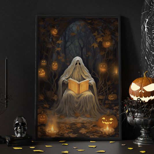 Spooky Ghost Read Spells Vintage Painting Canvas Wall Art - Dark Ghost Halloween Poster Gift