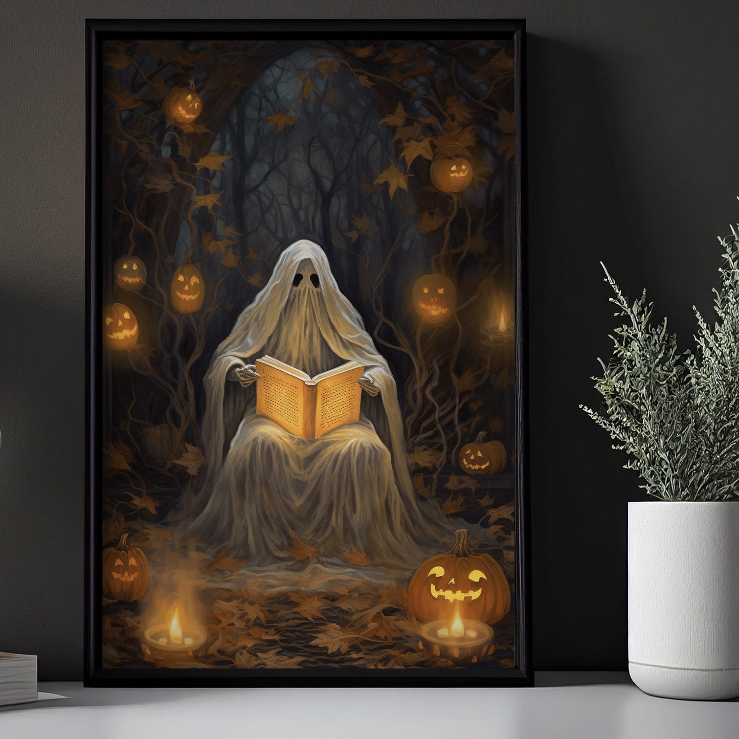 Spooky Ghost Read Spells Vintage Painting Canvas Wall Art - Dark Ghost Halloween Poster Gift