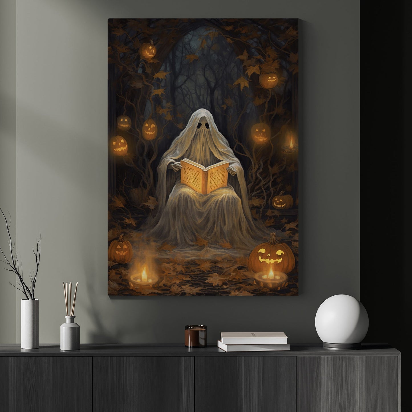 Spooky Ghost Read Spells Vintage Painting Canvas Wall Art - Dark Ghost Halloween Poster Gift