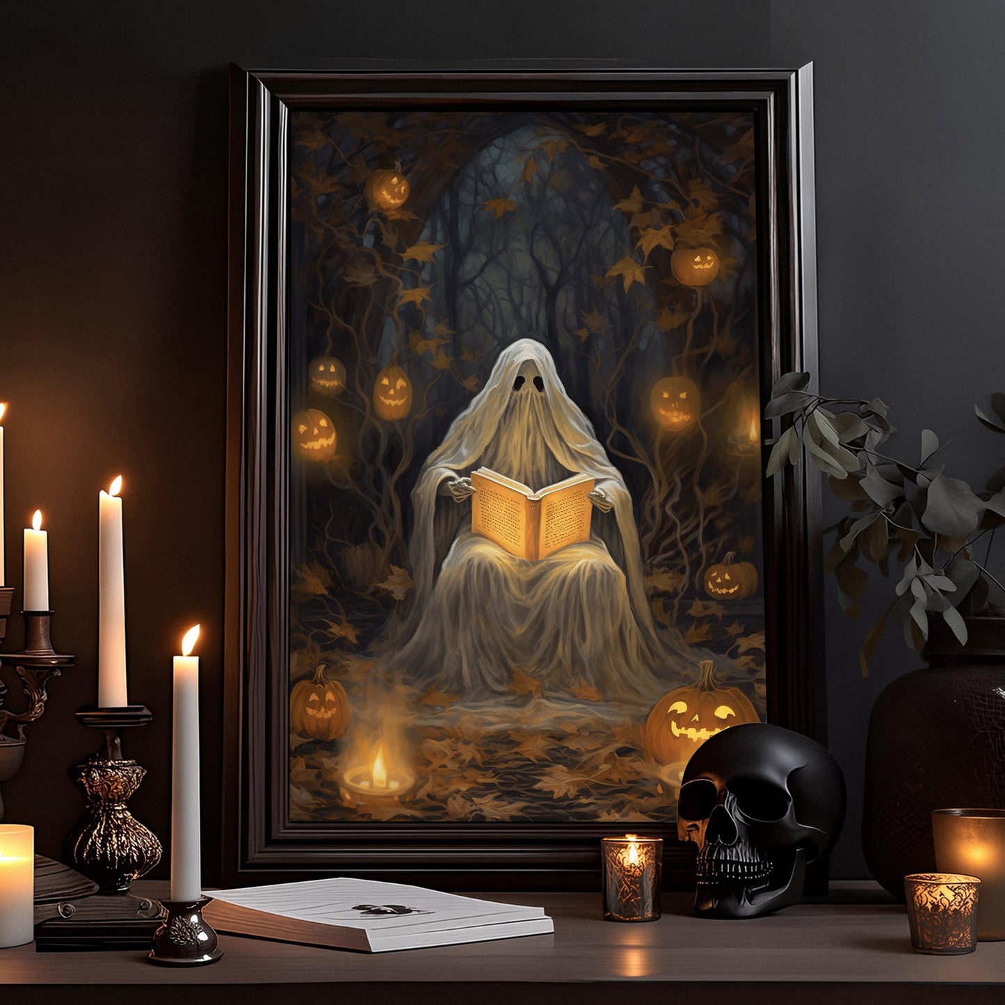 Spooky Ghost Read Spells Vintage Painting Canvas Wall Art - Dark Ghost Halloween Poster Gift